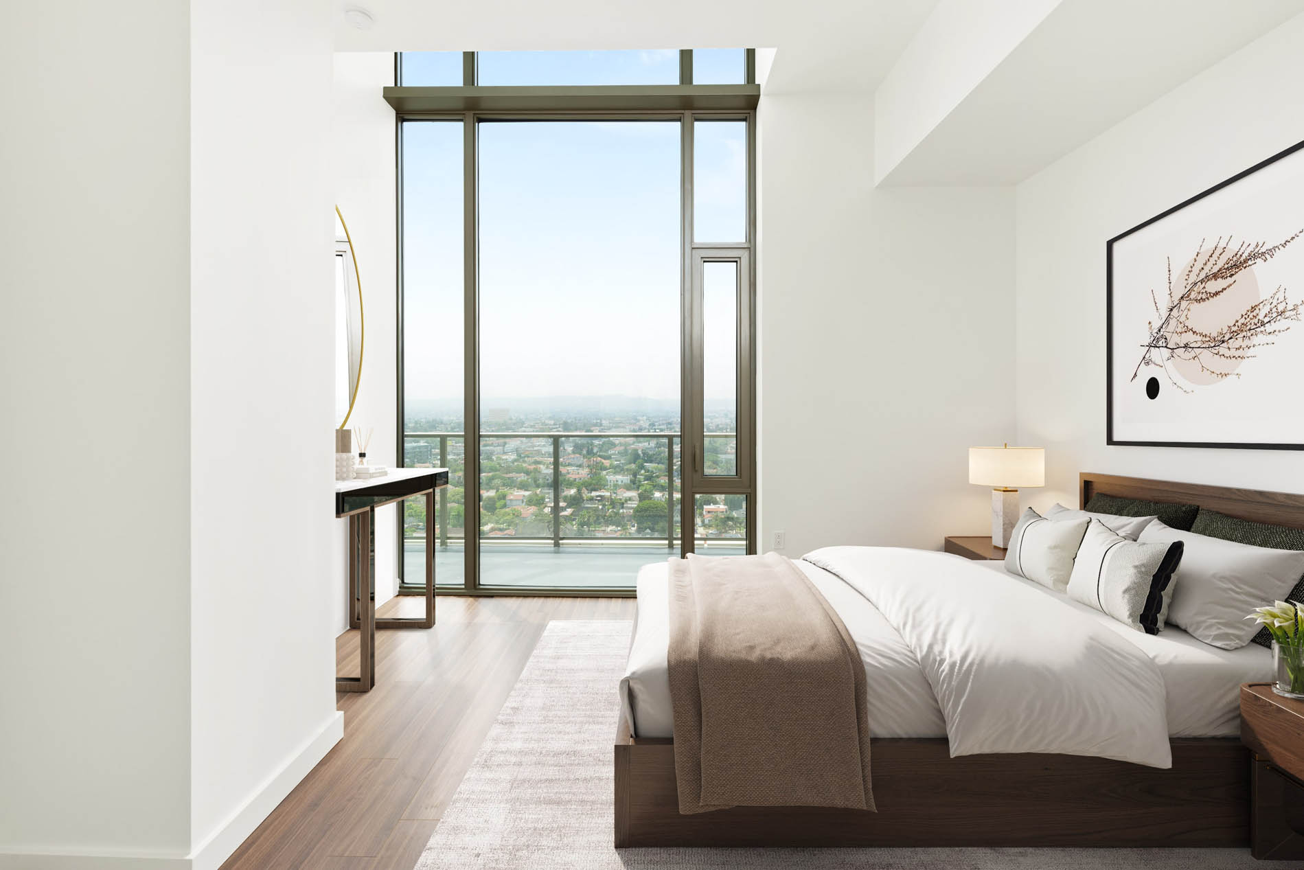 Vision on Wilshire Penthouse apartment First bedroom staged  